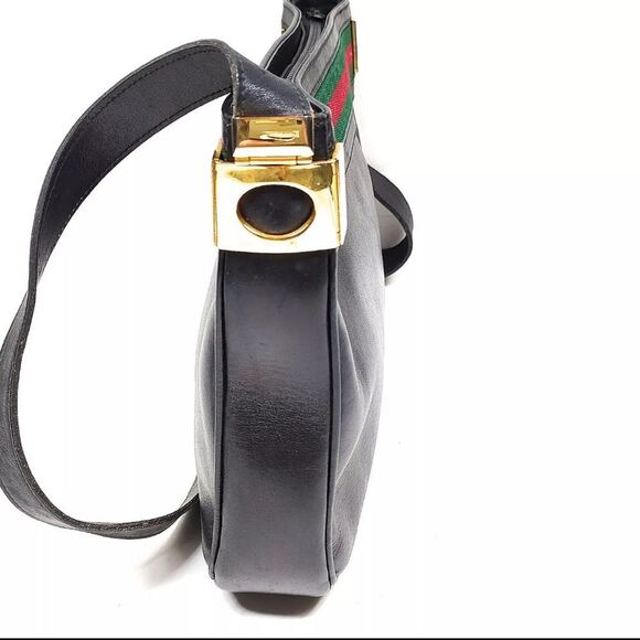 Auth Old Vintage Gucci Black Polished Leather Sherry Line Web Shoulder Bag - Picture 3 of 9